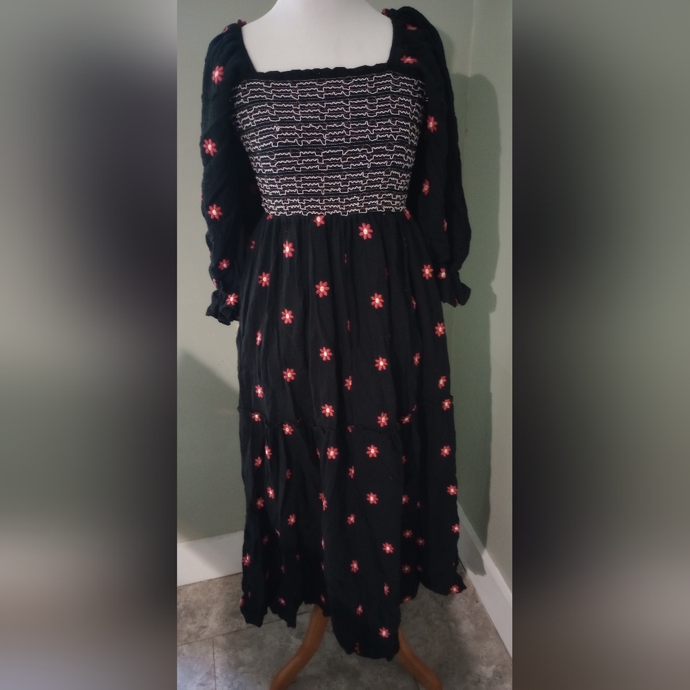 Renaissance Boho Black Smocked Ruffle Dress L Large - Picture 8 of 11